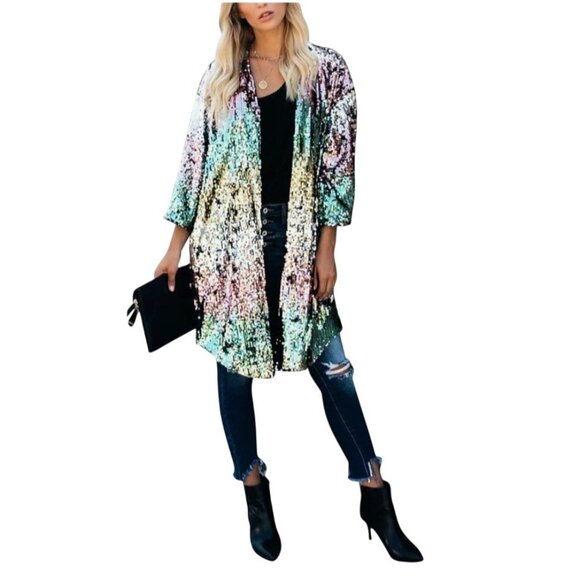 Sequin Cardigan Jacket Open Front Kimono Pastel Glittery Maxi 3XL Runs Small - Picture 4 of 5